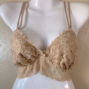 AERIE Lace Floral Beige Crossover Back Strap Bralette Size L
